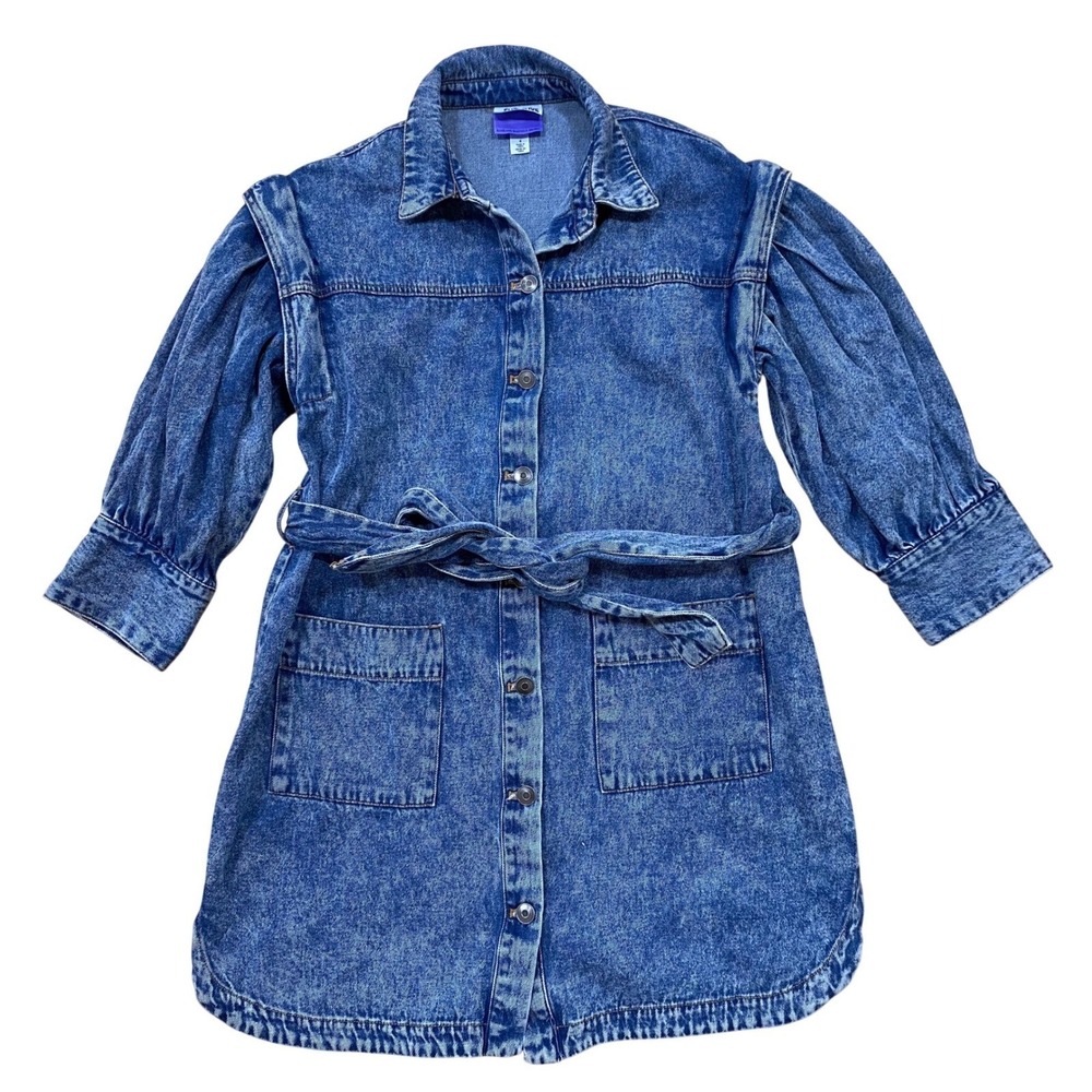 Future Collective Kahlana Barfield‎ Brown Acid Wash Denim Puff Sleeve Dress 4